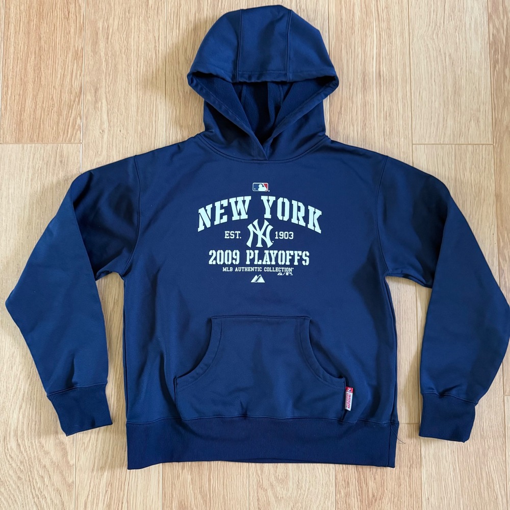 Majestic New York Yankees Hoodie Mens M Navy 2009 Playoffs MLB Therma Base